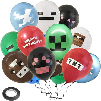 kuou 24 Pcs Minecraft Balloons with 1 Roll Ribbons(0.5cm5m), 12 inch Minecraft Party Supplies Decorations for Birthday Minecraft Gaming Theme Birthday Balloons for Boys