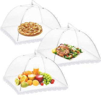 Onarway 3 Pack Food Covers 14 Inch Pop-Up Encrypted Mesh Plate Serving Tents, Fine Net Screen Umbrella for Outdoors, Parties, Picnics, BBQs, Reusable and Collapsible