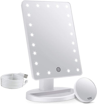 Makeup Vanity Mirror with Lights, Lighted Makeup Mirror with Detachable 10X Magnification, 21 Led Lights Adjustable Dimming Touch Sensor, Dual Power Supply, 180 Rotation, Portable Cosmetic Mirror