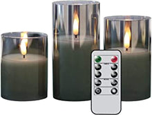 Eldnacele Gray Glass Flameless Candles Flickering with Remote, Battery Operated Warm Light LED Candles with Timer, Set of 3(D3'' x H4''/5''/6'') for Party Wedding Christmas Decoration