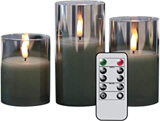 Eldnacele Gray Glass Flameless Candles Flickering with Remote, Battery Operated Warm Light LED Candles with Timer, Set of 3(D3'' x H4''/5''/6'') for Party Wedding Christmas Decoration