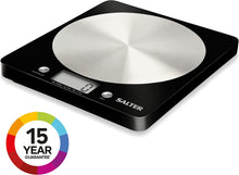 Salter 1036 BKSSDR Disc Electronic Scale, Seen on TV, Stylish Slim Design, Home & Kitchen Cooking, Spun Stainless Steel Platform, Add & Weigh, Measures Liquids & Fluids, 5 KG Max Capacity Black/Chrome