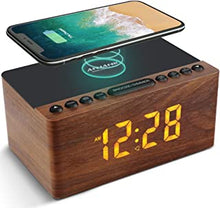 ANJANK Bedside Wooden FM Radio Alarm Clock,10W Super Fast Wireless Charger Station for Iphone/Samsung Galaxy,USB Charging Port, 5 Level Digital Dimmable Led Display,Mains Powered with Backup Battery