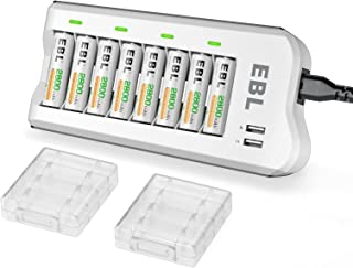 EBL Upgraded 8 Bays AA AAA Battery Charger with USB Ports and 8 Counts 2800mAh AA Batteries, Rechargeable Batteries and Charger Set