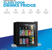 Subcold Super50 LED  Mini Fridge Black  50L Beer, Wine & Drinks Fridge  LED Light + Lock & Key  Energy Efficient (Black)