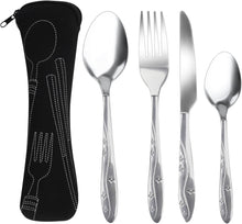 4 Pcs Cutlery Set with Portable Pouch Case, Stainless Steel Knife and Fork Flatware Set Camping Utensil Set for Picnic School Office Mirror Polished Dishwasher Safe(Black)