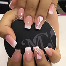 24PCS Short Coffin False Nails with Glue Stickers,Full Cover Acrylic Nails Press on Nails no Glue,Pink Gradient French Fake Nails Stick on Nails for Women and Girls Nail Art.