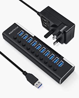 Powered USB 3.0 Hub RSHTECH 10 Port Aluminum USB 3.0 Data Hub Splitter with Individual On/Off Switches and 12V/3A Power Adapter (RSH-A10)