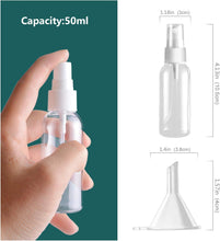 Spray Bottles, 50ml Clear Empty Fine Mist Plastic Travel Atomiser Bottle Set, Small Refillable Liquid Containers with 2pcs Funnels and 24pcs Labels for Make-up Cosmetic Hair 6PCS