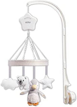 Nuby Musical Cot Mobile for Babies with Adjustable Arm to Fit All Cots. Cute Plush White and Grey Characters, Including Pebbles the Penguin and Pals(Pack of 1)