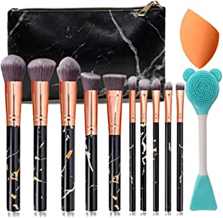 Nevsetpo Marble Makeup Brushes Set with Sponge Silicone Facial Brushes Synthetic Foundation Eyeshadow Contour Face Kabuki Make up Brushes Set for Girls (10+2pcs, Marble Black)