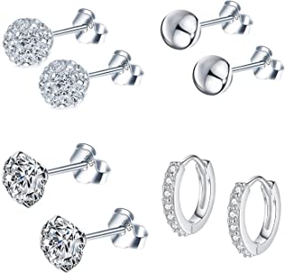 Bo Win 4 Pairs 925 Sterling Silver Earrings Set Silver Stud Earrings Womens Ball Earrings Men Hoop Earrings with Cubic Zirconia Sleeper Studs Silver Hoops Unisex Earrings for Women Girls Men