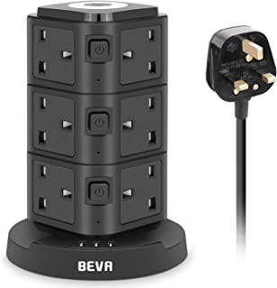 5M Extension Lead with USB Slots, BEVA 12 Way Tower Power Strip with 3 Smart USB Charger, UK Multi Plug Extension Socket with Night Light, Switched Extension Tower for Home Office-Black