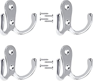 EXGOX 4 Pcs Double Prong Robe Hooks, Dual Coat Hooks Wall Mounted Hanging Clothes for Bathroom Bedroom Door Wall Retro Metal Cloth Hanger Double Coat Hooks with 8 Screws (Sliver)…