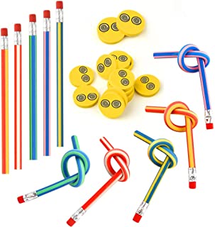 FEPITO 62 Pcs Kids Party Bag Filler Set, Soft Flexible Bendy Pencils and Erasers Magic Bend Toys School Fun Stationary Equipment Party Favor Supplies, Random style