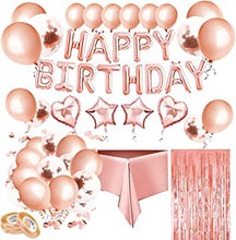 kuou Rose Gold Birthday Decorations, Happy Birthday Banner Confetti Balloons Foil Balloon with Ribbons, Tassel Curtain and Tablecloth for Girls Women Birthday Party Supplies