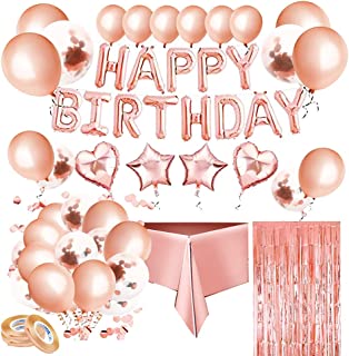 kuou Rose Gold Birthday Decorations, Happy Birthday Banner Confetti Balloons Foil Balloon with Ribbons, Tassel Curtain and Tablecloth for Girls Women Birthday Party Supplies