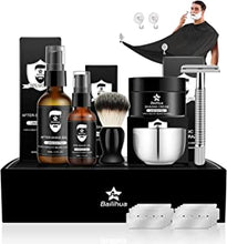 Shaving Kit for Men, Include Safety Razor, Shaving Cream, Pre Shave Oil, Aftershave Balm for Men, Shaving Brush & Bowl, Shaving Apron Bib Gift Sets for him Boyfriend Stocking Fillers (Unscented)