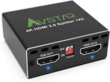 4k HDMI Splitter 1in 2out,4k 60Hz for Dual Monitors 444HDR D-olby Vision Atmos Down Scaler,18Gbps HDMI Splitter 1x2,HDCP 2.2,HDCP 2.3 Bypass,EDID 4K5.1/4K7.1/Copy,for HDTV BluRayPlayer PS5 1080p120Hz