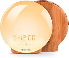 COULAX Wake Up Light Sunrise Alarm Clock Sunset Simulation Night Light with Natural Sounds FM Radio, Snooze Function (Wood Grain)