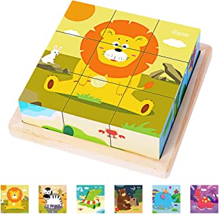 Japace Wooden Jigsaw Puzzles for Toddlers, 6 In 1 Animal Puzzle 3D Wooden Cube Block Toys Montessori Educational Games for Kids 1 2 3 4 Years Old Birthday for Boys and Girls (Medium)