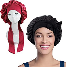 2PCS Satin Sleep Cap,Silk Bonnet Hair Wrap for Sleeping ,Hair Bonnet for Bath,Tie band for Women long Curly Braid Hair(1 Black + 1 Red)