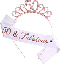 MIOSJI 50th Birthday Sash and Crystal Tiara Birthday Crown for 50th Birthday Decorations Women Birthday Gift Party Accessories ( Rose Gold )