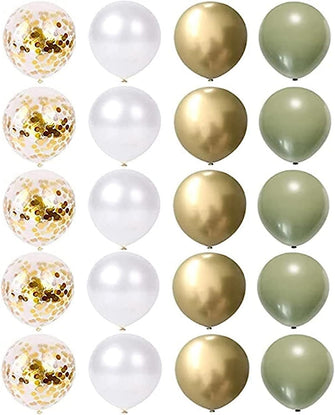 20Pcs 12 Inches Sage Green Gold and White Balloons, 5 x Metallic Gold Balloons, 5 x Sage Green Balloons, 5 x White Balloons, 5 x Gold Confetti Balloons