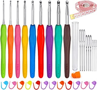 ZGTS Crochet Hooks Set, 9PCS Aluminum Knitting Needles Kit Ergonomic Soft Grip Handle for Arthritic Hands with Measuring Tape Stitch Markers and Sewing Needles