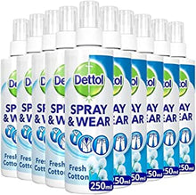 Dettol Laundry Spray Cotton 250ml X 10 Units, Antibacterial, Multipack of 10, Fresh Cotton Fragrance