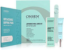 Onsen Secret Japanese Nail Buffer & Shine Kit - Professional Nail File, 3-Way Nail Buffer Block with Free Replacement Pads & Nail Strengthening Cuticle Cream for Healthy Nails, Travel Size Nail kit