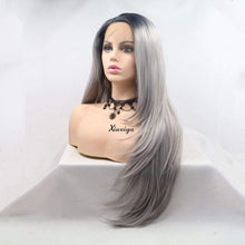 Xiweiya Wigs Long Natural Straight Hair Dark Root Ombre Grey Color Middle Part Synthetic Lace Front Wig Hair Heat Resistant Fiber Wig for Women, Cosplay Family Makeup Party Wigs 24 Inches