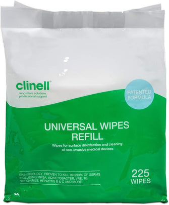 Clinell Universal Cleaning and Disinfectant Wipes for Surfaces - 225 Wipes Refill Pack - Multi Purpose Wipes, Kills 99.99% of Germs, Effective from 30 Seconds