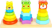 Woody Treasures Wooden Stacking Toys for 1 2 3 Year Olds - Baby Stacking Rings with Lion, Dog & Frog Head - Cognitive & Fine Motor Skills Development - Classic Stacker for Boys & Girls