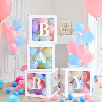 Leixi Baby Shower Decorations Box Kit, 4Pcs White Transparent Square Baby Shower Boxes including BABY Letters for Girl Boy for Theme Party Supplies Decoration/Birthday/Baby Shower (Baby)