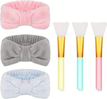 Heyu-Lotus, 3-Pieces Bowknot Coral Fleece Elastic Spa Headband for Washing Face, for Women, Girls, Polyester, With 3 Silicone Face Brush, (Grey, Light Blue, Pink)