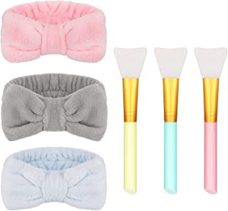 Heyu-Lotus, 3-Pieces Bowknot Coral Fleece Elastic Spa Headband for Washing Face, for Women, Girls, Polyester, With 3 Silicone Face Brush, (Grey, Light Blue, Pink)