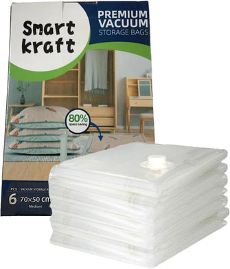 SMART KRAFT 6 PACK 70 X 50CM MEDIUM VACUUM STORAGE BAGS FOR CLOTHES, DUVETS, BEDDING, PILLOW, TRAVELING WITH DOUBLE ZIP SEAL VACUUM BAGS FOR CLOTHES