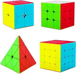 Coolzon Speed Cube Set, 4 Pack Stickerless Magic Cube Set 2x2 3x3 4x4 Pyraminx Triangle, Easy Turning 3D Puzzle Cube Games Toy Present for Kids Adults