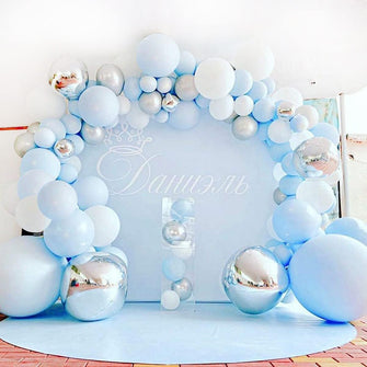 Blue Balloon Garland Arch Kit, 114Pcs Blue Silver White Balloons, Metallic Silver Balloons, Macaron Blue Balloon Arch for Boy Baby Shower, 1st Birthday Decorations, Wedding