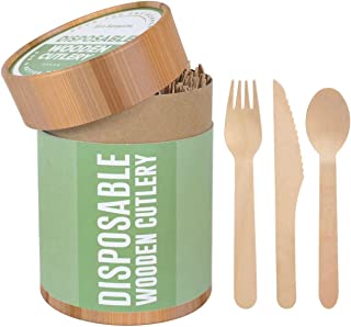 Eco Bargains 150 pcs Disposable Wooden Cutlery Set Eco Friendly Plastic Free Biodegradable Compostable Wedding Party Picnic - 50x Wooden Forks, 50x Disposable Spoons, 50x Disposable Knives