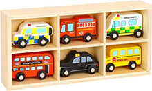 Woody Treasures Wooden Toy Car Set - 6-Piece Wooden Cars Toy with Box - Colourful Vehicle Toys for Ages 3 & Up - Educational & Fun for Kids, Toddlers, Preschoolers, Girls & Boys