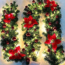 2.7M Christmas Garland with Lights for Stairs Fireplaces Xmas Garland 9ft Garland Decorations Christmas Green Garland Artificial with 50 LED Lights, Red Baubles and Flowers for DIY Christmas Tree