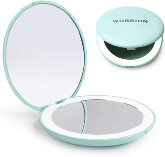 wobsion LED Lighted Travel Makeup Mirror, 1x/10x Magnification Compact Mirror, Portable for Handbag, Purse, Pocket, 3.5 inch Illuminated Folding Mirror, Handheld 2-Sided Mirror, Round, Cyan