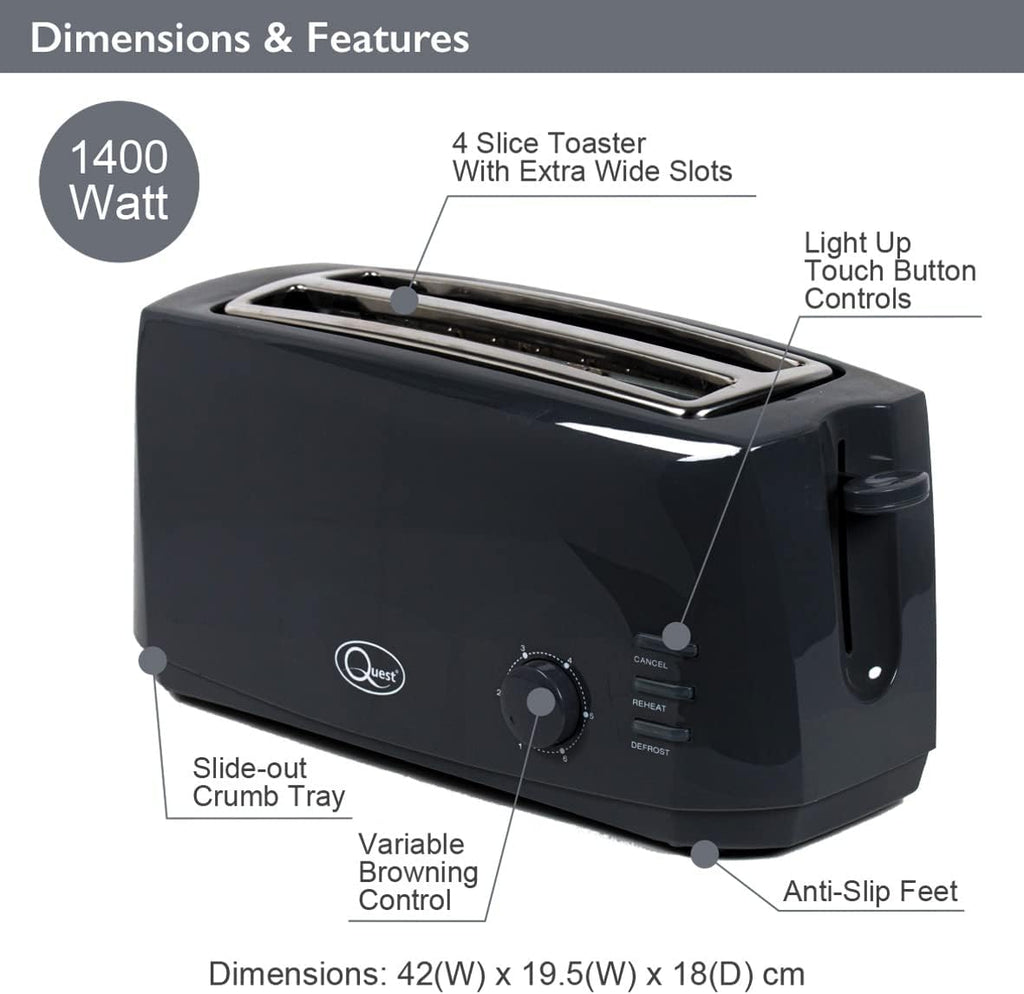 Quest 35069 Extra Wide 4 Slice Long Slot Toaster / Variable Browning C ...