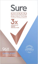 Sure Maximum Protection Clean Scent Deodorant Cream Stick women's anti-perspirant for 96-hour sweat and odour protection 45 ml