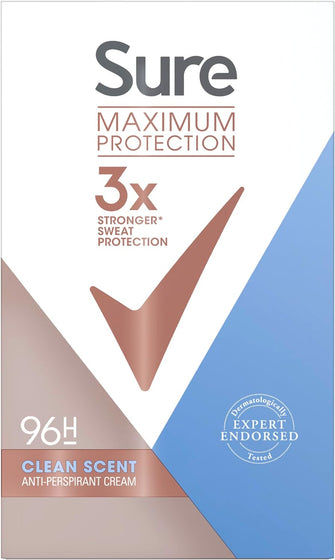 Sure Maximum Protection Clean Scent Deodorant Cream Stick women's anti-perspirant for 96-hour sweat and odour protection 45 ml