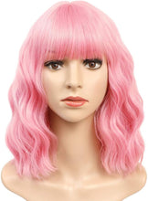 Pastel Pink Wigs For Women Girls 14inch Quality Short Curly Wavy Bob Wigs With fringe Shoulder Length Wig Party Cosplay Fancy Dress Wigs