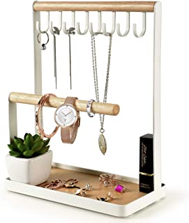 PAMANO Jewelry Stand Holder, Multi Tier Necklace Hanging Wooden Ring Organizer Earring Tray, 8 Hooks Storage Necklaces, Bracelets, Rings and Watches on Desk Tabletop