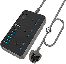 iBlockCube UK Power Strips 3 Way Outlets 6 (3.1A) USB Ports w/Surge Protection Socket Switch Portable Charger 5M/16.4FT Cord UK Plug Wall Adapter Cord w/Fuse & Shutter Extension Lead (Black-Grey)